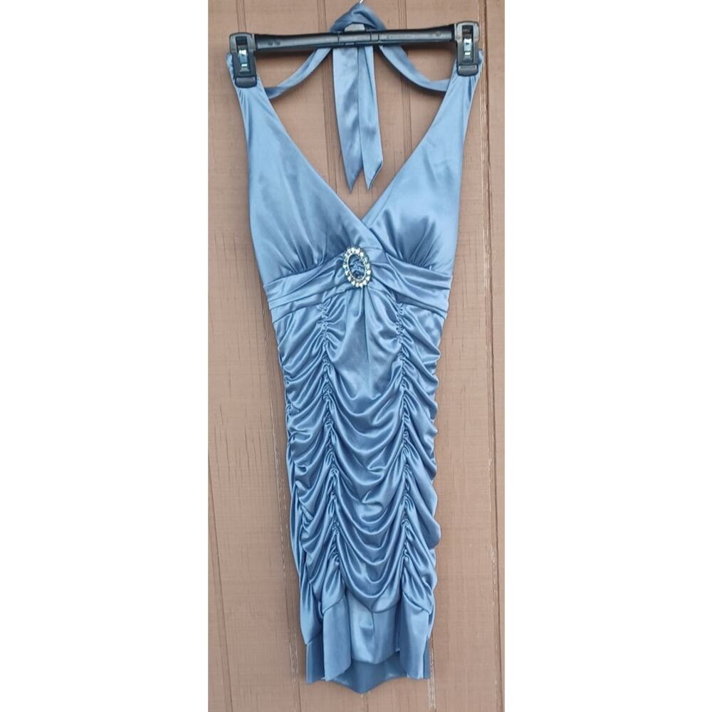 Deb Vintage Y2K Size M Steel Blue Satin Ruched Halter Rhinestone Party Dress - Picture 4 of 8